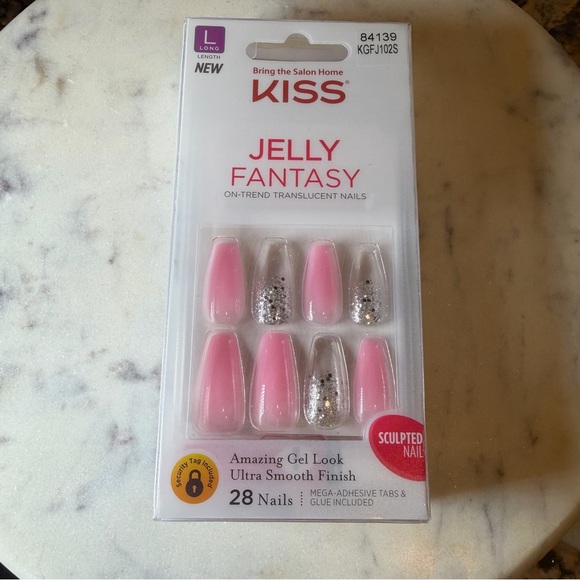 Kiss Other - BNIB Kiss Jelly Fantasy Sculpted  Pink w/ Silver Glitter Clear Ombre Long Coffin
